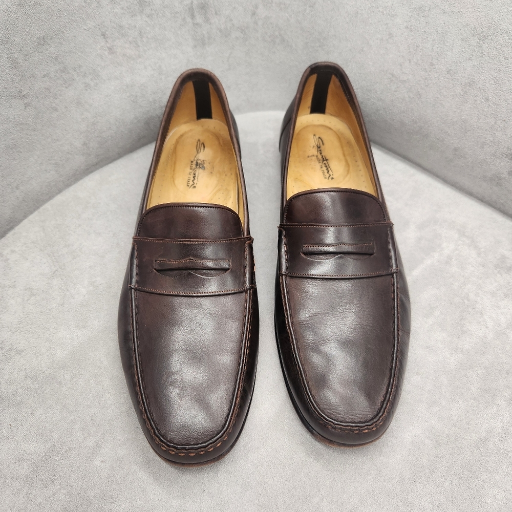 Santoni Dress Loafers 13D Dark Brown Leather Penny Luxury Business Made In Italy